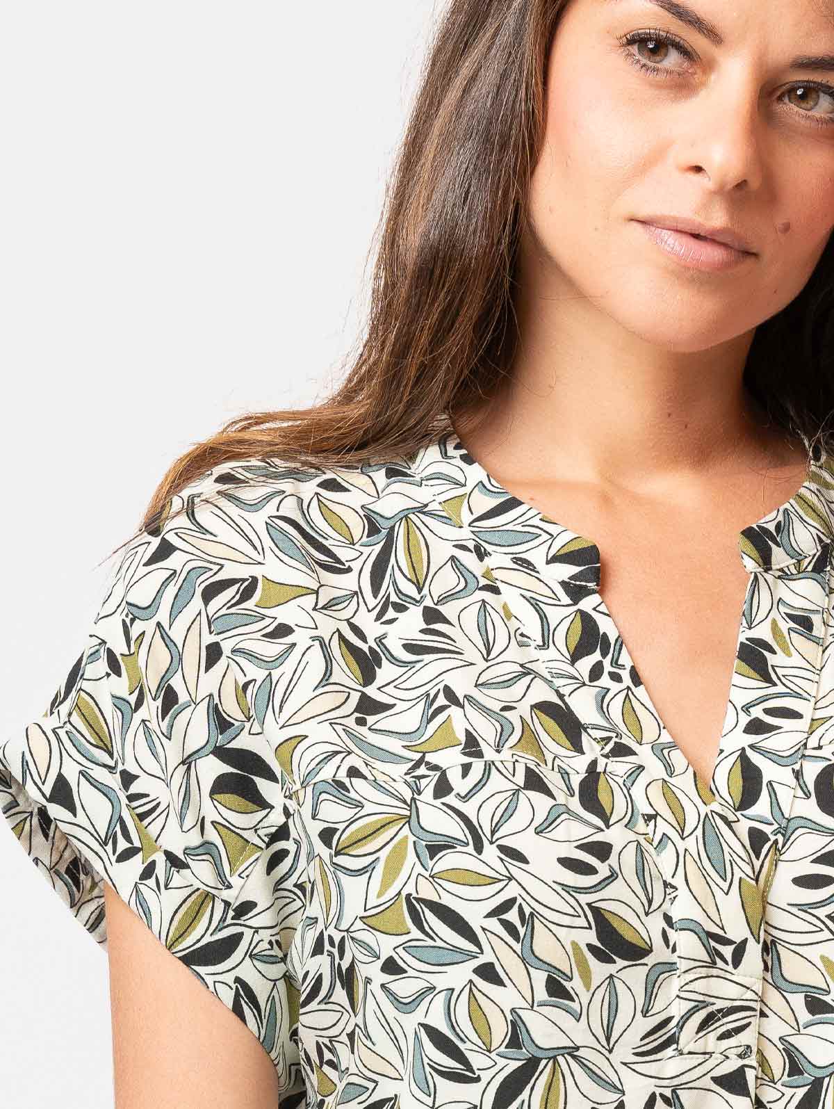 Blouse col tunisien imprimé feuilles - maboutiqueplus