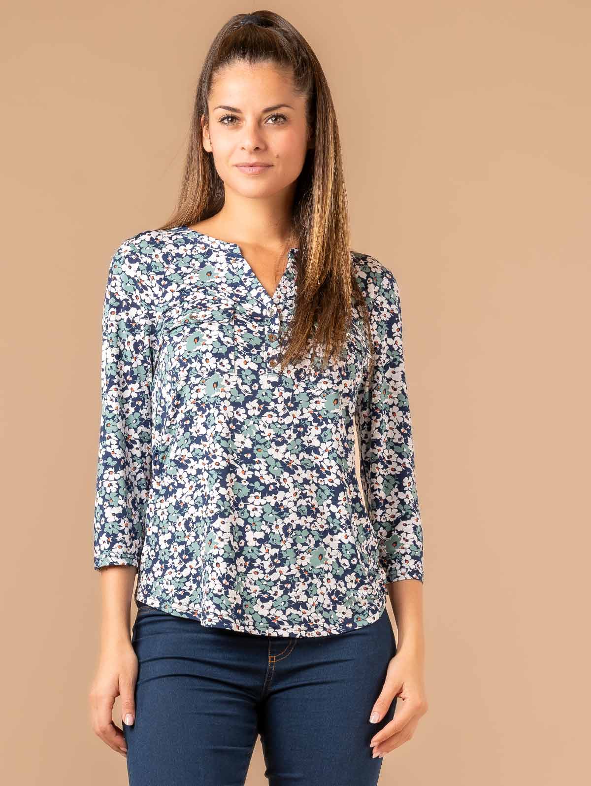 Blouse imprimé fleuri poches plaquées